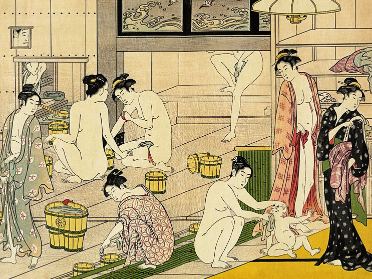 Block print of Japanese women in a public bath house